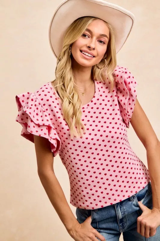BiBi pink polka-dot heart patterned knit ruffled sleeves blouse