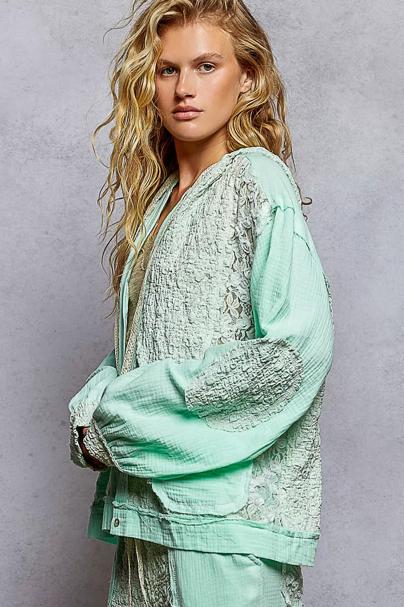 POL Exposed Seam Button Down Hooded Jacket with Lace Detail | Daverri Fashions