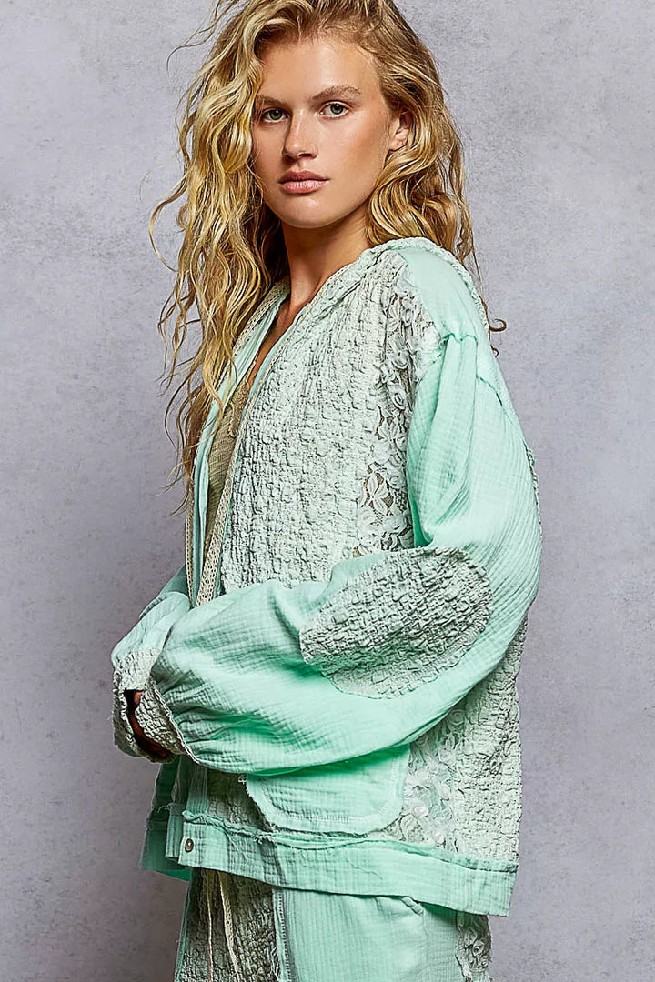 POL Exposed Seam Button Down Hooded Jacket with Lace Detail | Daverri Fashions