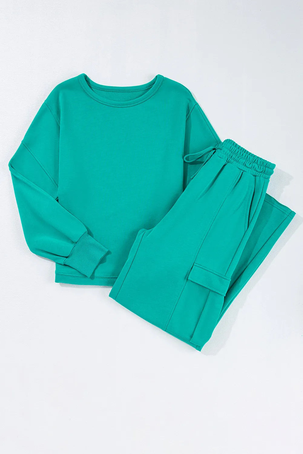Teal full-size round neck long sleeve top and drawstring pants loungewear set
