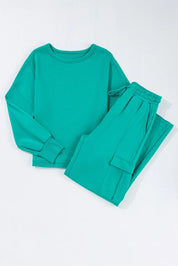 Teal full-size round neck long sleeve top and drawstring pants loungewear set