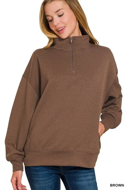 Zenana Scuba Quarter-Zip Sweatshirt Brown - DAVERRI FASHIONS