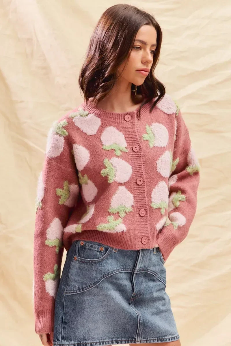 SO ME Strawberry Fruit All Over Button Sweater Cardigan - DAVERRI FASHIONS
