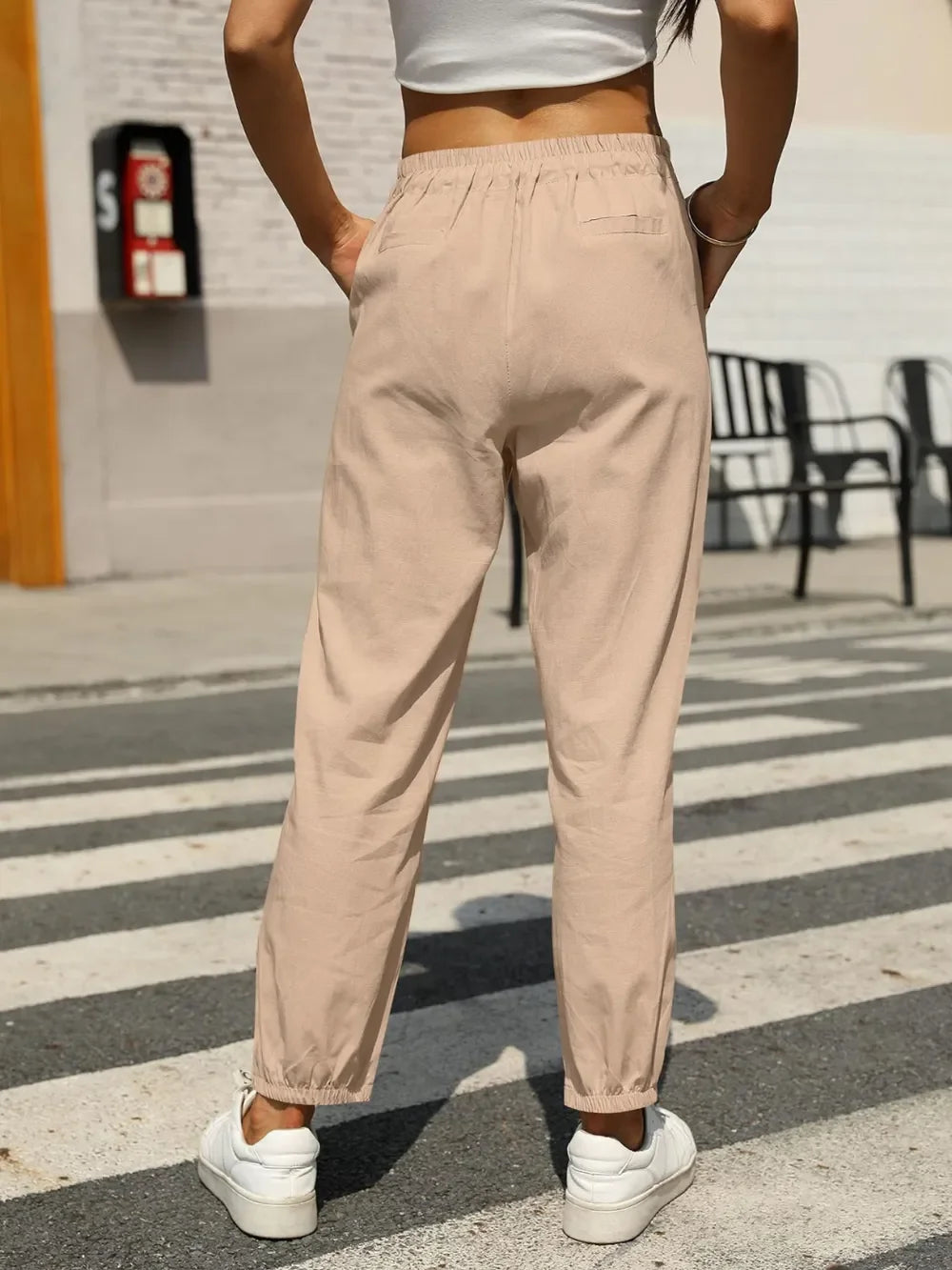Daverri Fashions beige high-waisted cotton linen joggers with cuffs
