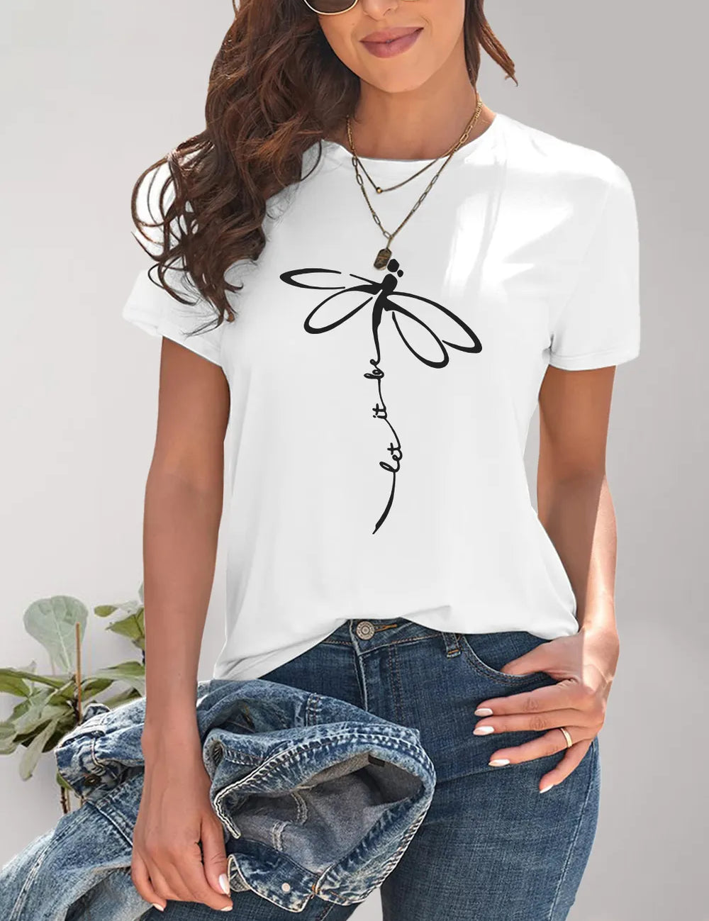 White dragonfly graphic short sleeve round neck t-shirt
