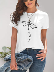 White dragonfly graphic short sleeve round neck t-shirt
