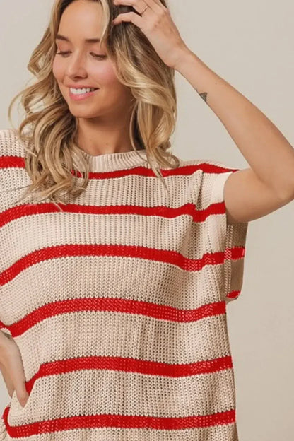 BiBi Fourth Of July Stripe Drop Shoulder Sweater - DAVERRI FASHIONS
