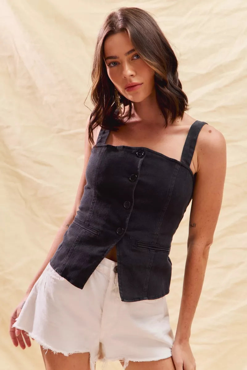 SO ME Button Down Sleeveless Game Day Fitted Denim Top | Daverri Fashions