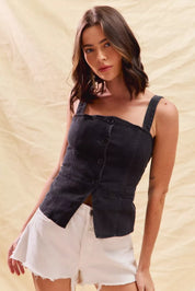 SO ME Button Down Sleeveless Game Day Fitted Denim Top | Daverri Fashions