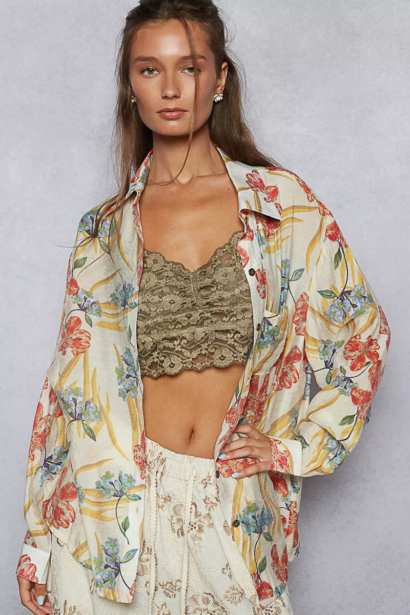 POL Floral Print Button Down Long Sleeve Shirt | Daverri Fashions