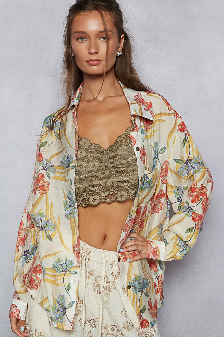 POL Floral Print Button Down Long Sleeve Shirt | Daverri Fashions