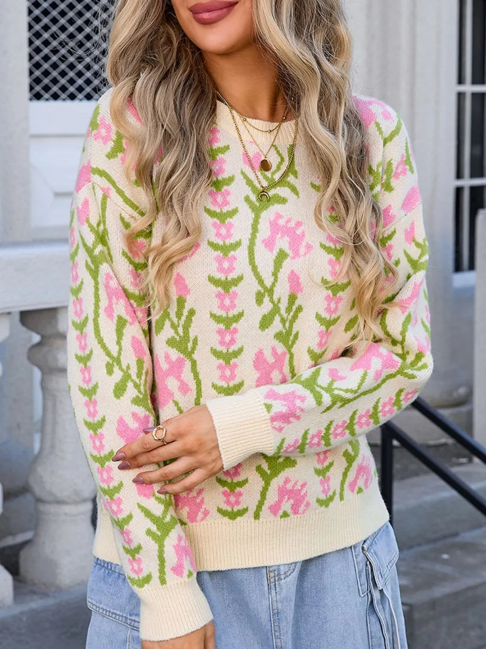 Angel Wings Flower Round Neck Long Sleeve Sweater | Sweaters Daverri Fashions