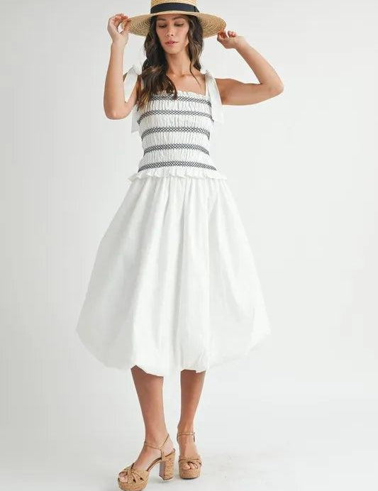 MABLE Smocked Bodice Bubble Midi Dress | Daverri Fashions
