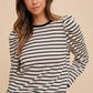 Annie Wear Striped Round Neck Puff Sleeve French Terry Top Tops