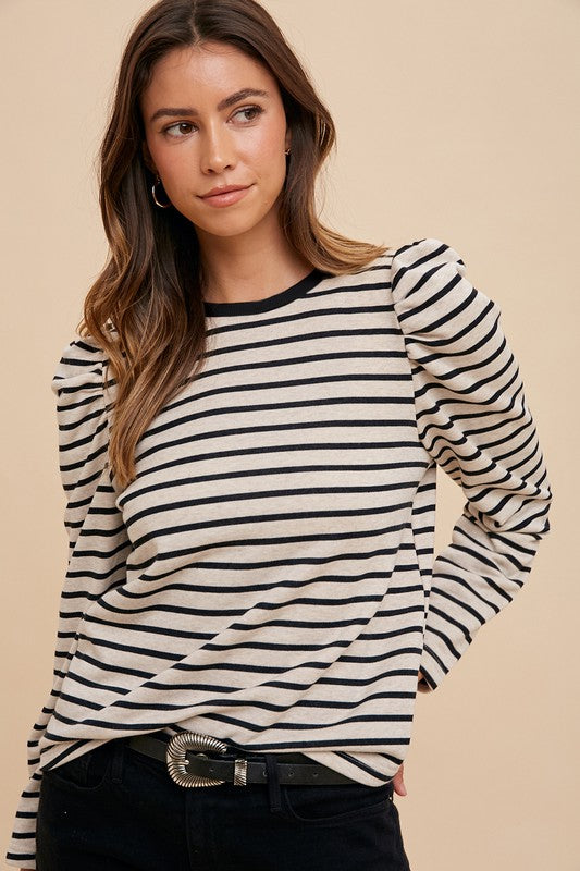 Annie Wear Striped Round Neck Puff Sleeve French Terry Top Tops