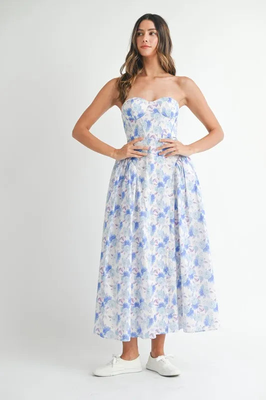 MABLE Sweetheart Neckline Floral Printed Midi Dress Blue Midi Dreses