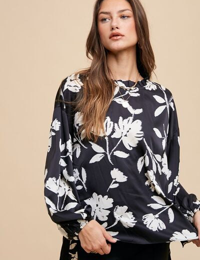 Annie Wear Frill Printed Balloon Sleeve Blouse Black