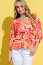 And The Why Ruffled Printed Puff Sleeve Blouse | Daverri Fashions
