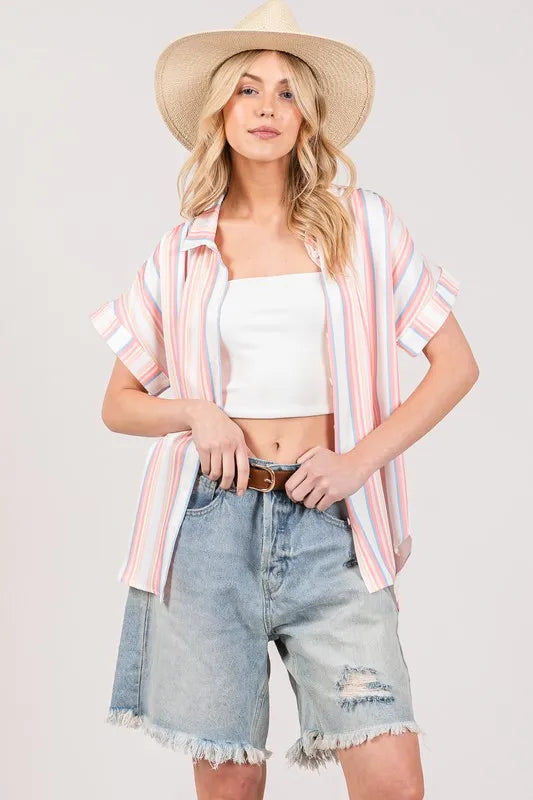 SAGE+FIG Multi Stripe Button Down Short Sleeve Shirt
