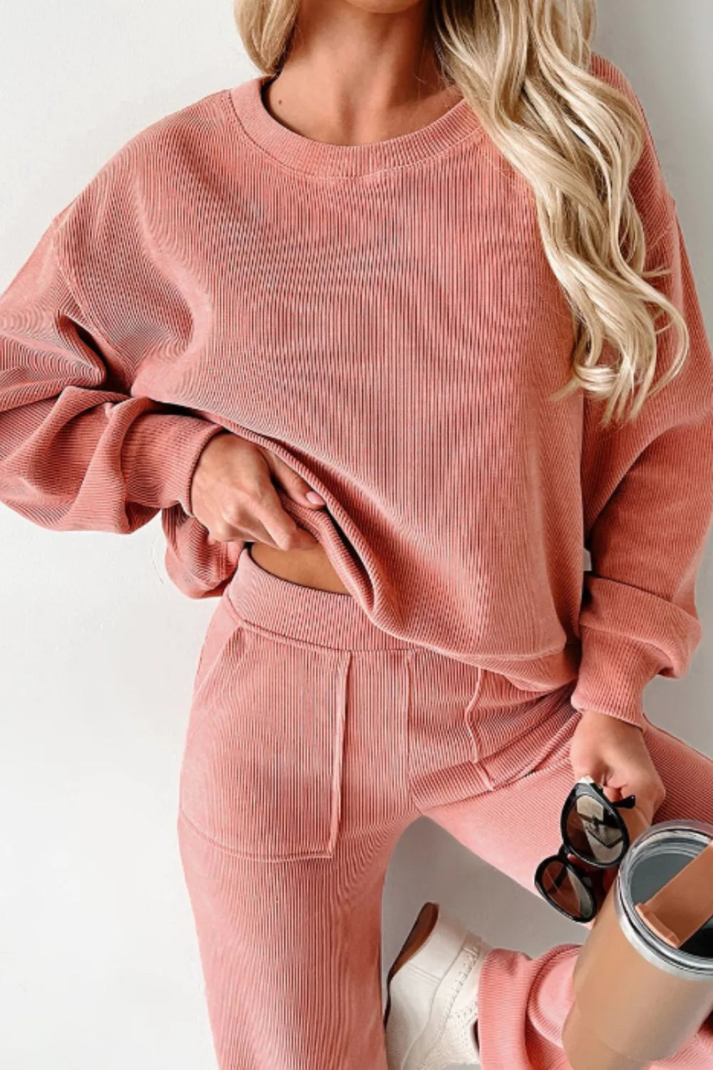 Round Neck Long Sleeve Top and Pants Set | Loungewear Sets Daverri Fashions
