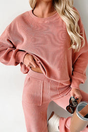Round Neck Long Sleeve Top and Pants Set | Loungewear Sets Daverri Fashions