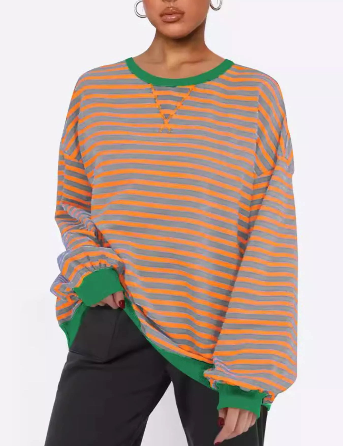 Striped Round Neck Long Sleeve Sweatshirt | Sweatshirts Daverri Fashions