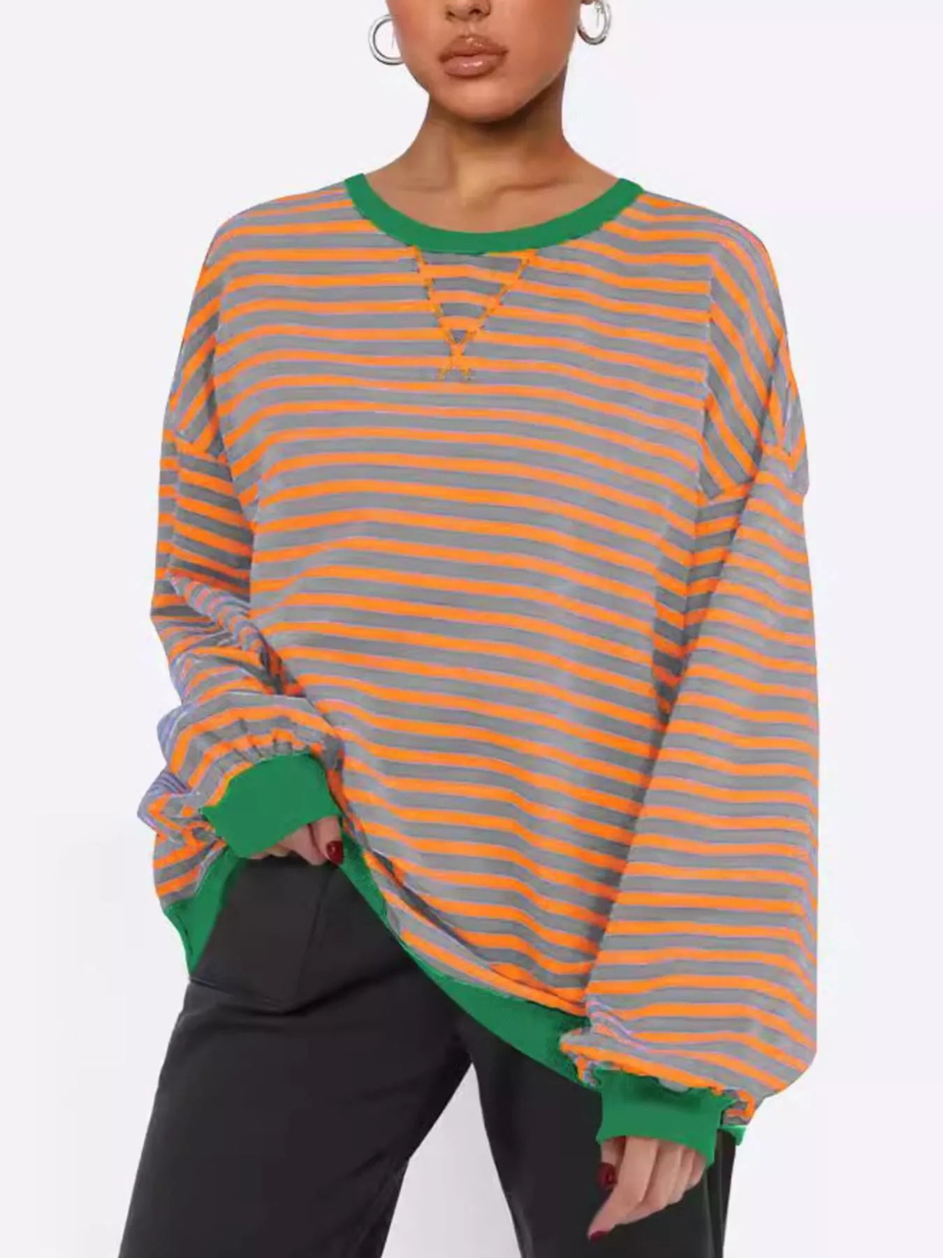 Striped Round Neck Long Sleeve Sweatshirt | Sweatshirts Daverri Fashions