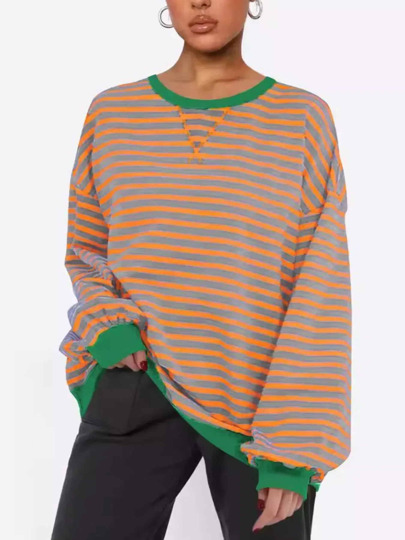 Striped Round Neck Long Sleeve Sweatshirt - DAVERRI FASHIONS