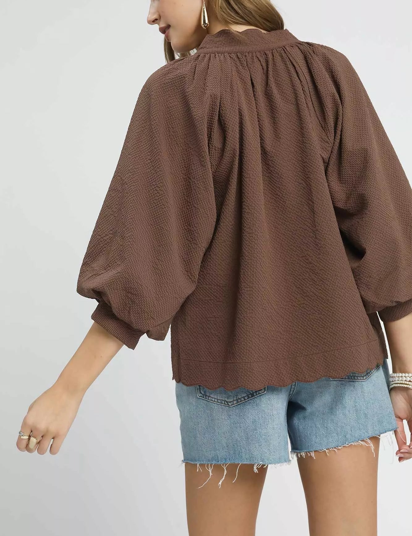 Umgee Full Size Textured Notched Balloon Sleeve Blouse Plus Size | Blouses Daverri Fashions