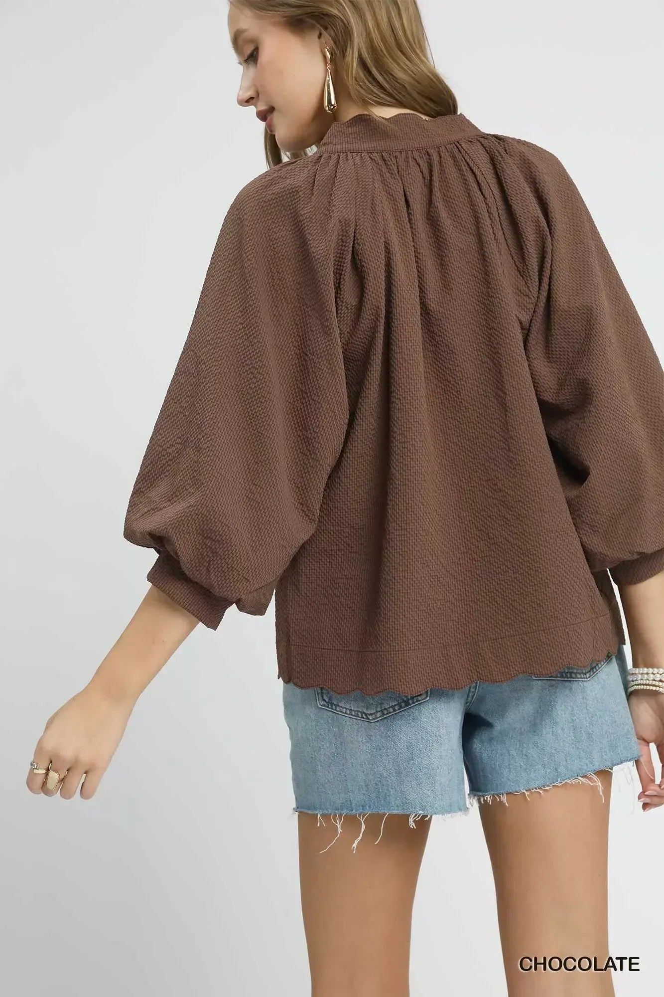 Umgee Full Size Textured Notched Balloon Sleeve Blouse Plus Size - DAVERRI FASHIONS