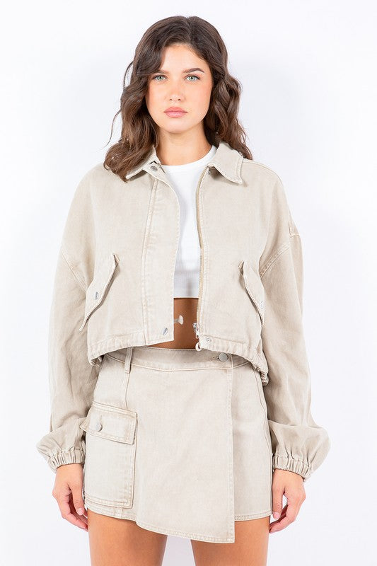 American Bazi Drawstring Waist Crop Jacket Dust Storm