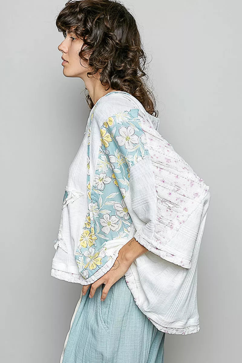 POL Floral Star Patch hooded blouse in white blue floral patchwork with lace