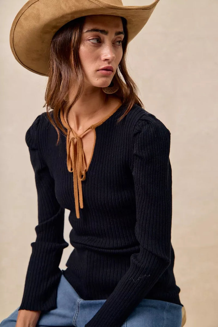 BiBi Ribbed Contrast Front Tied Shirred Fabric Top | Tops Daverri Fashions