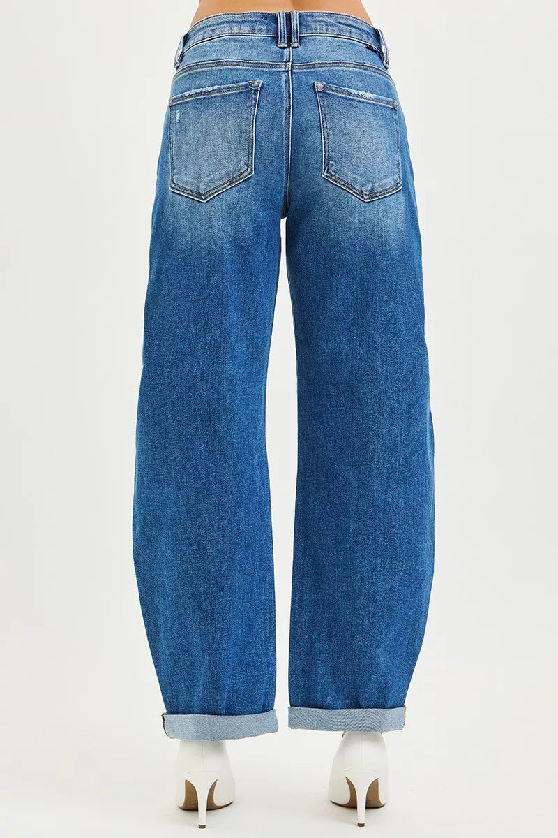 Blue wide-leg Risen mid-rise barrel jeans with rolled cuffs