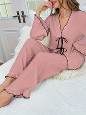 Contrast Trim Bow Tie Shirt and Pants Lounge Set | Loungewear Sets Daverri Fashions