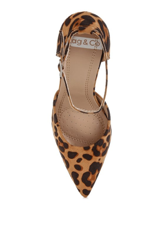 Leopard-print suede T-strap stiletto heel sandal with metallic buckle