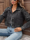 Pearl Embellished Cropped Denim Jacket with white studs