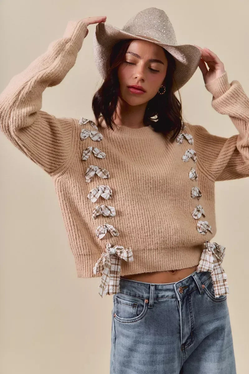 SO ME Checkered Plaid Tape Lace Up Ribbed Sweater Taupe - DAVERRI FASHIONS