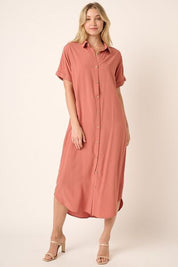 Mittoshop Collared Neck Dolman Short Sleeve Midi Shirt Dress Clay