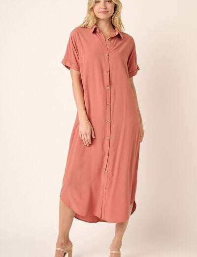 Mittoshop Collared Neck Dolman Short Sleeve Midi Shirt Dress Clay