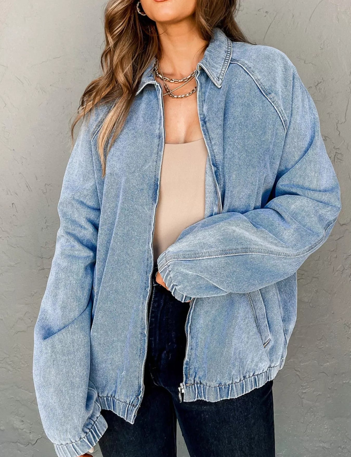 Elastic Edge Collared Zip Up Denim Jacket With Pocket | Denim Jackets Daverri Fashions