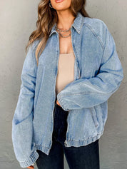 Elastic Edge Collared Zip Up Denim Jacket With Pocket | Denim Jackets Daverri Fashions