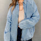 Elastic Edge Collared Zip Up Denim Jacket With Pocket - DAVERRI FASHIONS