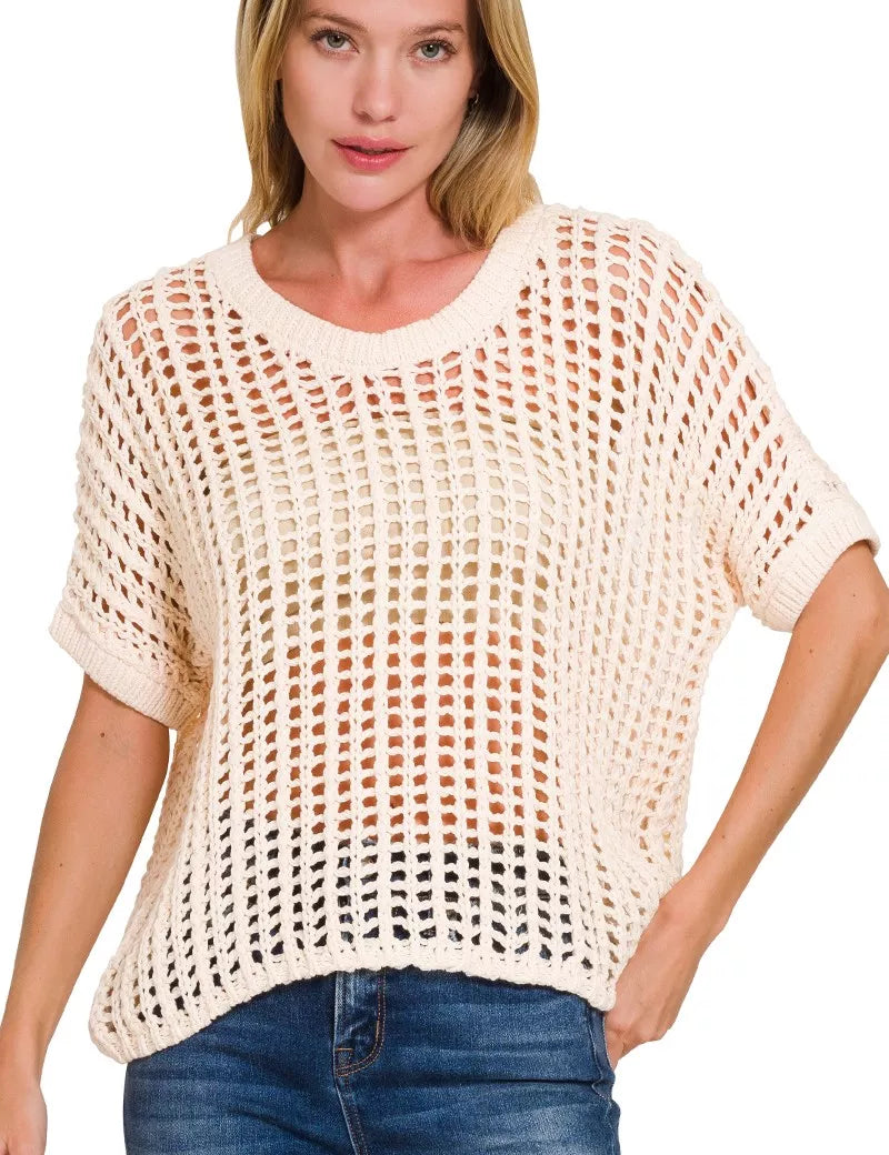 BEIGE Zenana Fish Net Short Sleeve Crochet Knit Cover Up | Daverri Fashions