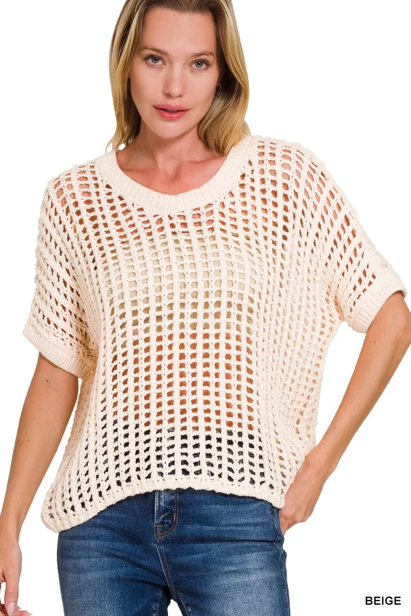 BEIGE Zenana Fish Net Short Sleeve Crochet Knit Cover Up | Daverri Fashions