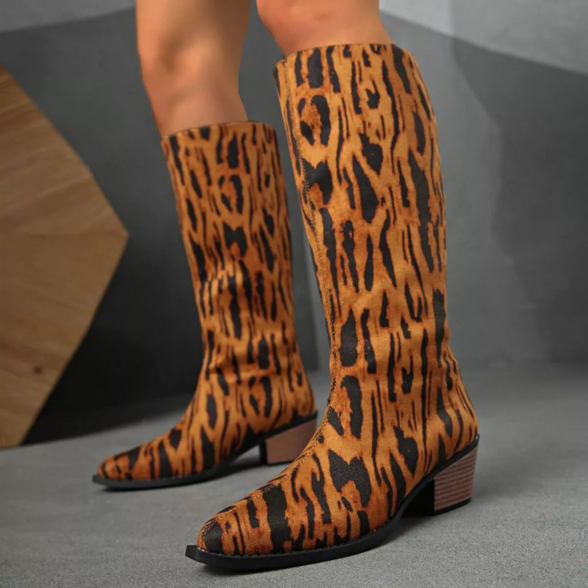 Animal Print Point Toe Block Heels Boots | Boots Daverri Fashions