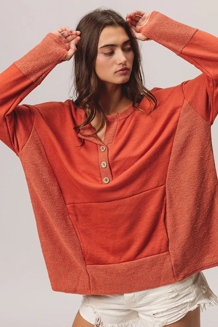 BiBi French Terry Knit Side Block Buttoned Henley Top | Knit Tops Daverri Fashions