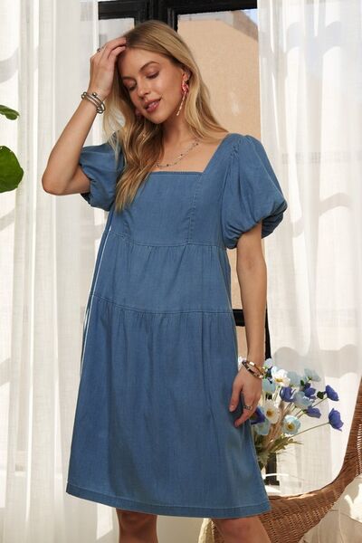 ADORA Square Neck Puff Sleeve Denim Dress Mini Dresses