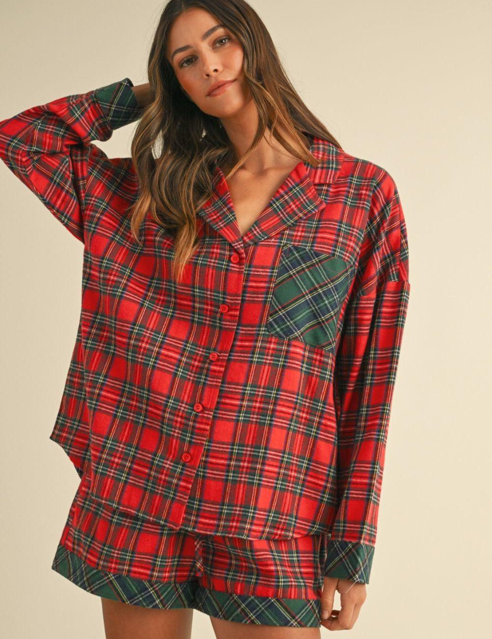 Red Annie Wear Contrast Plaid Long Sleeve Top and Shorts Set | Outfit Sets Daverri Fashions