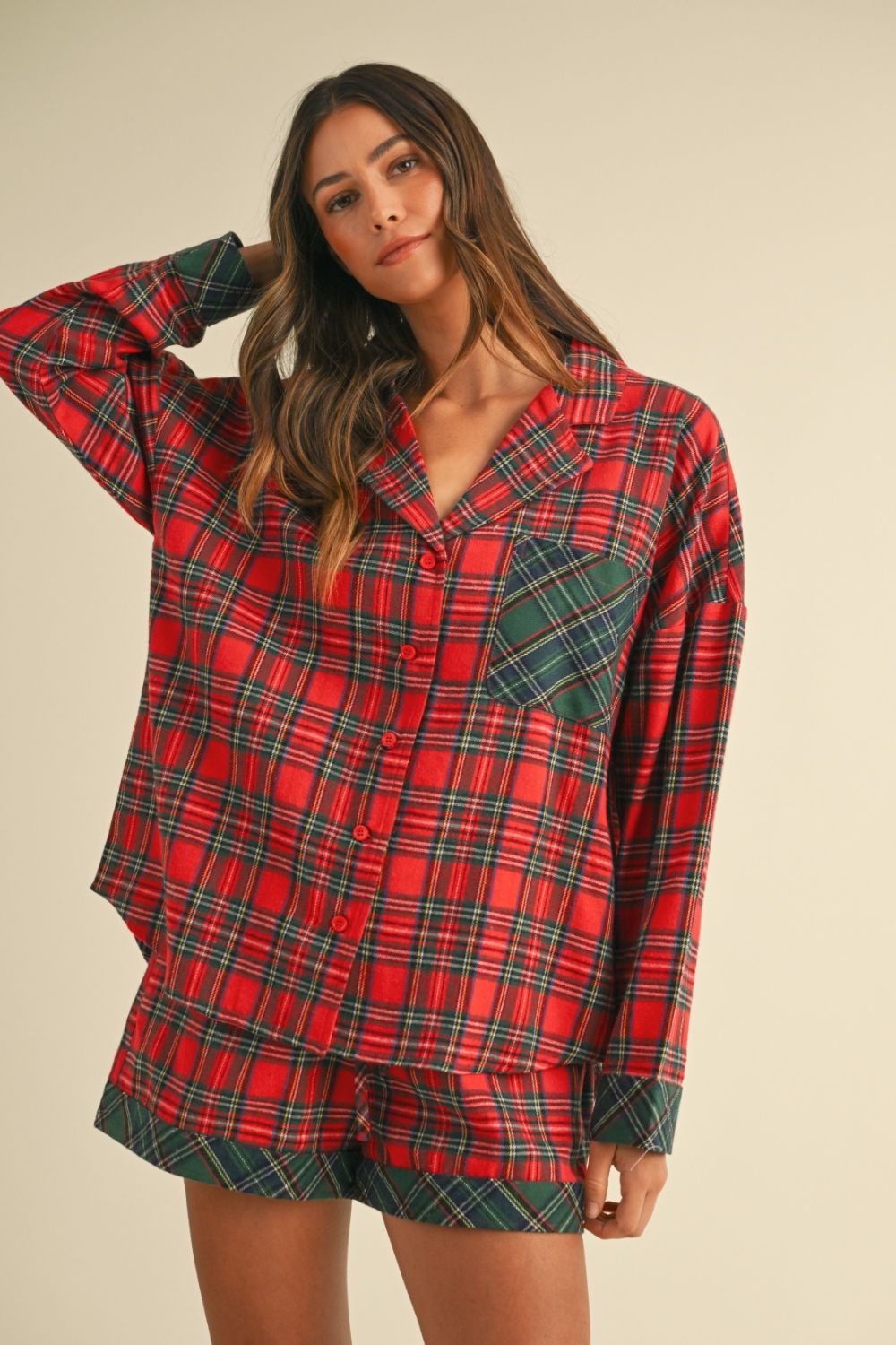 Annie Wear Contrast Plaid Long Sleeve Top and Shorts Set Red Short Sets